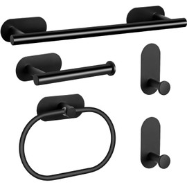 5 Pieces Bathroom Hardware Set, Self Adhesive Matte Black Bathroom Accessories Set Stainless Steel, Including 16" Towel Bar, Toilet Paper Holder, Towel Ring, Towel Hook, Towel Racks for Bathroom