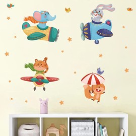 ANHUIB Animals Wall Stickers,Cartoon Stars Airplane Wall Decals,Woodland Funny Animals Wall Stickers for Nursery,Safari Elephant Tiger Rabbit Wall Art Stickers for Babyroom Kids Bedroom Playroom Decor