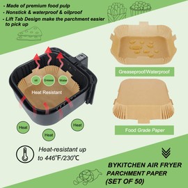 BYKITCHEN BYKITCHEN Air Fryer Liners Square, 7.9 Inch Large Air Fryer Disposable Liners, Greaseproof Parchment Paper for Air Fryer, Compatible with COSORI, Ninja, Tower Cosori (Unbleached, 50PCS