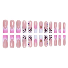 FIEONCIY Press on Nails Coffin Long Length Acrylic Glossy Full Cover Square Shaped French False Nails with Designs Artificial Extra Long Fake Nails with Charms Glue ons Fingernails for Women(AS22)