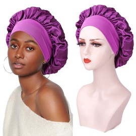 2PCS Silk Hair Bonnet for Sleeping Silk Sleeping Cap Hair Bonnets for Women Silky Bonnet for Curly Hair Wide Elastic Band Sleep Cap for Long Hair Curly Hair Sleeping Natural Hair(Black+Dark Purple)
