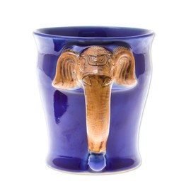 NOVICA Artisan Handmade Celadon Ceramic Mug Elephant in Blue from Thailand 10 Oz. Brown Tableware Dinnerware Mugs Cups Animal Themed [4.1in H x 5.5in W x 3.9in D 10 Oz.] ' Elephant Handle in Blue'