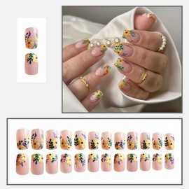 24 Pcs Press on Nails Short Square - MINGCHUN Winter Glossy Fake Nails Press ons Arcylic Full Cover False Nails with Yellow Flowers Green Leaf Design Glue on Nails Nail Art Tip for Women Girls