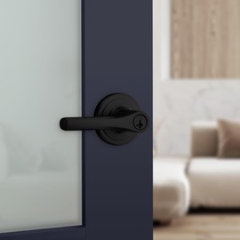 Kwikset Henley Entry Door Handle with Lock and Key, Secure Keyed Reversible Lever Exterior, For Front Entrance and Bedrooms, Matte Black, Pick Resistant Smartkey Rekey Security and Microban