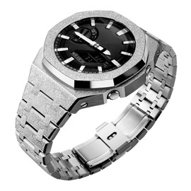 Ga2100 Watch Strap Case Mod Kit Parts,Smooth Steel Metal Frosted Surface Bezel Ring Replacement Accessories Mods Compatible With Casioak G shock GA-2100/GA-2110 (Silver)