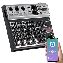 5 Channel DJ Audio Mixer Interface USB, NEW BAXS Audio Mixer Sound Board Mixing Console with Bluetooth MP3 Computer Input +48V Phantom Power Mixer Audio For Karaoke Dj Mixer Stage Streaming Studio