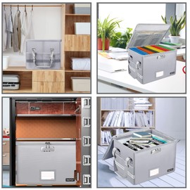 ENGPOW File Box with Lock,Fireproof Document Box with Pockets,Collapsible File Storage Organizer Filing Box with Handle,Portable Home Office File Cabinet Safe for Hanging Folders,2 Pack(Silver)