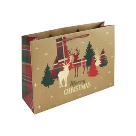 Eurowrap Brown Kraft Paper Merry Christmas Tartan Stag Design Gift Bag with Gift Tag - XL Shopper - Eco Friendly Fully Recyclable - Gift Bag for Christmas, Gift Wrap, Xmas, Festive Gift Bag