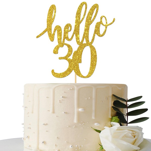 Hello 30 Decoración para tarta para 30 cumpleaños, 30 aniversario, decoración para tartas, 30 cumpleaños, 30 años (oro, Hello 30)