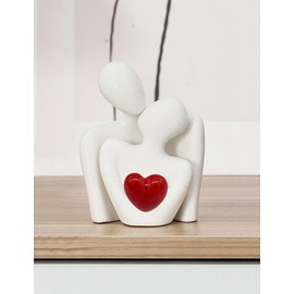 Virellisee White Couple Hug Statue 4.6x3.5 RedHeart Figurines Abstract Sculpture Home Decor Knick Knacks Bedroom Decor Gifts for Wedding Anniversary