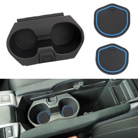 Cup Holder Insert with Coaster Accessories for Honda Civic 2016-2021 Lx Ex Si Sport Hatchback Coupe Sedan Insight Center Console Drink Bottle Cup Holder (Black with Blue Coaster)