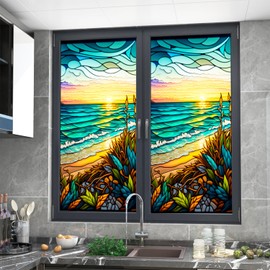 WBQMUNY Static Cling Decorative Window Film,Non Adhesive Privacy Film,Stained Glass Window Film for Bathroom Shower Door,Sunrise Over The Beach Window Film 17.7" x 39.5" (BL130)