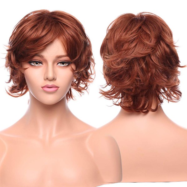 Short Auburn Wispy Loose Curls Pixie Wig Heat Resistant Sysnthetic Hair Full Wig For Women Lady Natural Cosplay Party