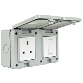 Double Gang Fully Weatherproof Switch & 3 Pin UK Power Socket Outdoor IP55 White [Double Gang Switch/Power]