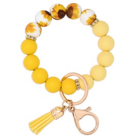 BAOSIWA Silicone Beaded Keychain Wristlet Key Ring Bracelet Cute Sunflower Car Key Chain Holder for Women Girls