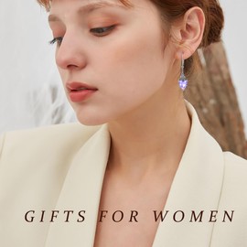 Violet Purple Heart Crystal Earrings 925 Sterling Silver Vintage Leverback Drop Dangle Earrings with 10mm Simulated June Birthstone