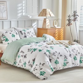 Lekesky Double Duvet Cover Set Mint Green Bedding Set, Watercolor Little Floral Printed Green Double Duvet Set (1x Duvet Cover, 2x Pillowcase) Microfiber Double Duvet Cover 200x200 cm, Mint/Floral