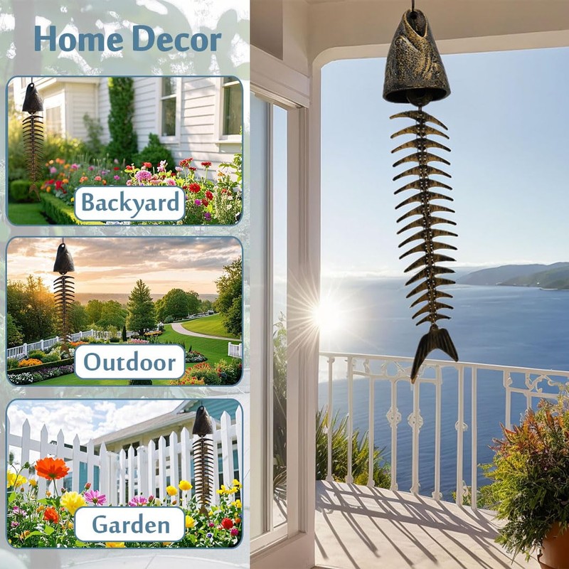 Fish Wind Chime, Fish Skeleton Wind Chime, Durable Metal Fish