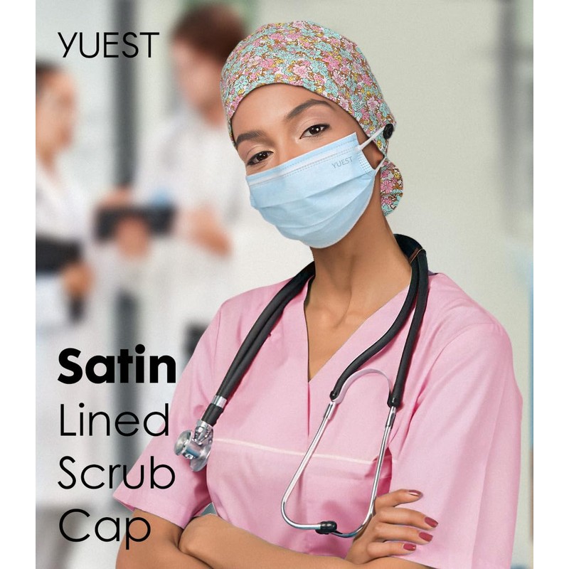 2 Pack Satin Lined Scrub Caps with Buttons & Sweathand,