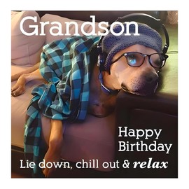 Paper Rose Chilled Grandson Funny Birthday Card - Happy Birthday Card with 'Chill Out & Relax' Dog on Sofa Design - Birthday Card for Men or Boys