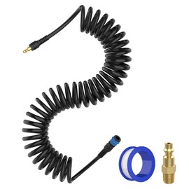 Air Compressor Hose, Hoodutric 1/4 In x 28 Ft Polyurethane Recoil Air Hose with Bend Restrictor Compressor Hose1/4" NPT Coupler & Brass Quick Connect Air Fittings-Black