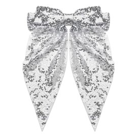 Glitter Hair Bows for Girls Big Bow Hair Clip Large French Ribbon Bowknot Hair Barrettes for Women Party Silver Metal Clips Oversized Long Tail Hair Bow Clips Sparkly Hair Accessories for Thick Hair