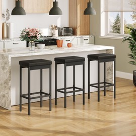 HOOBRO Bar Stools, Set of 3 Bar Chairs, 24.8-Inch Height Stools, Breakfast Bar Stools, Kitchen Bar Chairs, 2" Thick Upholstery, for Kitchen, Dining Room, Cafe, Bar Counter, Black BB21BYP301