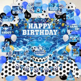 FrozzlyFun Soccer Birthday Decorations for Boys, 113Pcs Blue Soccer Ball Boy Bday Party Decor Supplies for - Backdrop, Banner, Tablecloth, Centerpieces, Hanging Swirls, Wall Signs