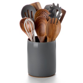 Nucookery Utensil Holder, 6.4" Ceramic Kitchen Utensil Holder for Countertop with Protection Cork Bottom, Vintage Farmhouse Kitchen Decor for Counter (Gray)