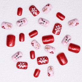 Christmas Press on Nails Short Square Fake Nails Cute Gingerbread Man Snowflake Reindeer Candy Canes Designs Glitter False Nails Xmas Winter Acrylic Nails Full Cover Stick on Nails for Women 24 Pcs