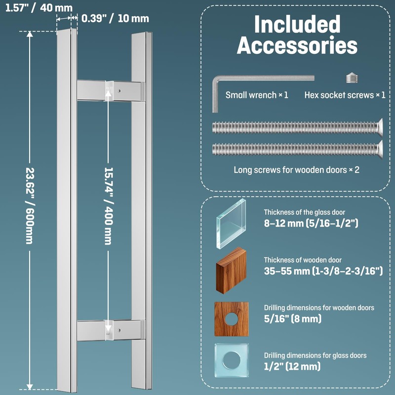 Ranbo H-Shaped 24" Push Pull Door Handle,Back to Back, 400mm