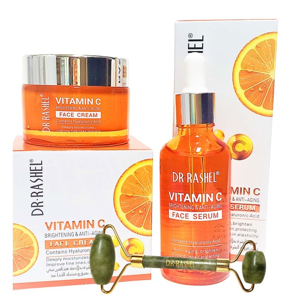Dr Rashel Vitamin C Face Serum And Vitamin C Face Cream Variety Pack | Hyaluronic Acid, Anti Aging and Collagen Essence + 1 Jade Roller Face Massager