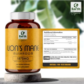 Earth BOTANIC Organic Lion's Mane Mushroom 1875mg – 120 High Strength Capsules-Lion’s Mane Supplement with Organic Black Pepper-Non- GMO and Gluten Free