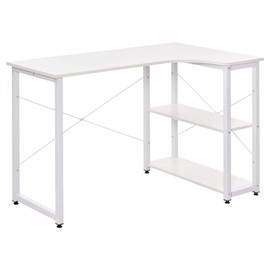 L-Shaped Computer Desk, Corner Workstation with 2 Side Shelves, White