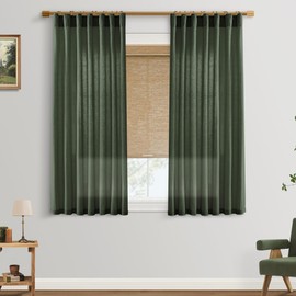 Short Curtains for Bathroom Window,Dark Olive Green Boho Decor Shower,Sheer Linen Kitchen Curtains 45 Inch Length