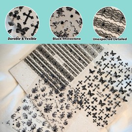 CESTSIREN Black Lace Butterfly Totem Cross Nail Art Stickers Rhinestones Embossed Nail Decals for Nail Art Design Self-Adhesive Nail Accessories for Women Nail Art Supplies 3 Sheets