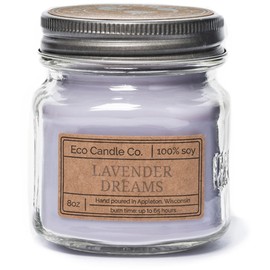 Eco Candle Co. Mason Jar Candle, Lavender Dreams, 8 oz. - Scents of Lavender, Lilac, Sage, & Mimosa - 100% Soy Wax, No Lead, Kraft Label & Antiqued Pewter Lid, Hand Poured, Midwest Grown Soybeans