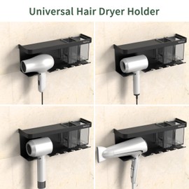 YIHOFLO Hair Dryer Holder Wall Mounted Adhesive/Drilling, Hair Dryer Storage Organizer with Shelf & Hooks. Hair Dryer Rack for Bathroom, Blow Dryer Holder, Hair Tool Organizer (Black)