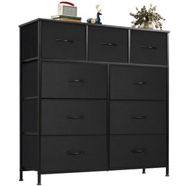 OLIXIS Organizer Storage 9, Chest of Drawers with Fabric Bins, Tall Dresser with Wood Top for Bedroom, Closet, Entryway, Black