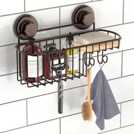 HASKO 2 Pack Shower Caddy Suction Cup with Hooks & Soap holder, Includes 2 Soap Savers, Shower Shelf, Bathroom Storage Organizer, Rustproof Shampoo Holder, Bronze