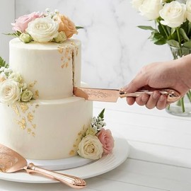 KSENDALO - Juego de cuchillos y servidores para tartas de boda, juego de corte de pasteles de oro rosa para boda, juego de cuchillos y servidores de pasteles de acero inoxidable SUS304 para bodas