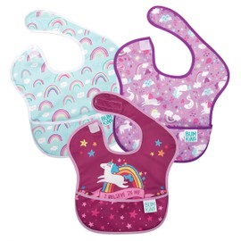 Bumkins Superbabero, babero para bebé, impermeable, lavable, resistente a manchas y olor, 6-24 meses, Unicornio y arco iris., Unicornio y arcoíris., Paquete de 3