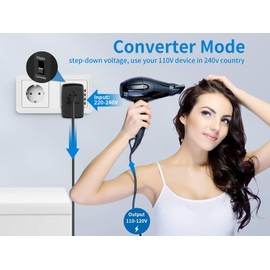 International Travel Adapter Voltage Converter Steps Down 220V to 110V for Cell Phones, Laptops, and Curling Irons, US to UK, Europe, Australia, and More Than 200 Countries(Black)