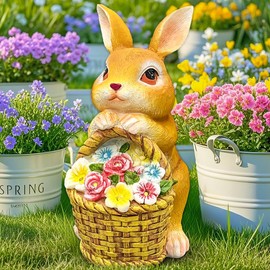 KOOY Garden Statues Bunny with Solar Lantern Outdoor Yellow Rabbit Holding Flowers Figurines Decorations for Patio Yard Lawn Ornaments Gifts for Birthday Easter Housewarming