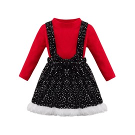 Toddler Baby Girls Christmas Clothes Long Sleeve T Shirts Velvet Sequins Overall Skirt 2-Piece Cotton Outfits