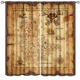 ZhiRain Nautical Island Map Curtains Vintage Old Map Pirate Ship Ocean Ancient Skull Curtain with Rod Pocket for Bedroom Living Room Home Decor Drapes Window Treatments 2 Panels Set 42" W X 54" L