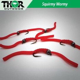 Thor Outdoor 6 Pc Squirmy Wormy Set, Red Size #12 - Barbless Wet Worm Fly Fishing Flies for Trout, Panfish, Bass