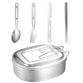 Stainless Steel Camping Mess Kit, 4-Piece Cookware Set with Tins and Foldable Cutlery, Portable for Hiking and Outdoor Cooking