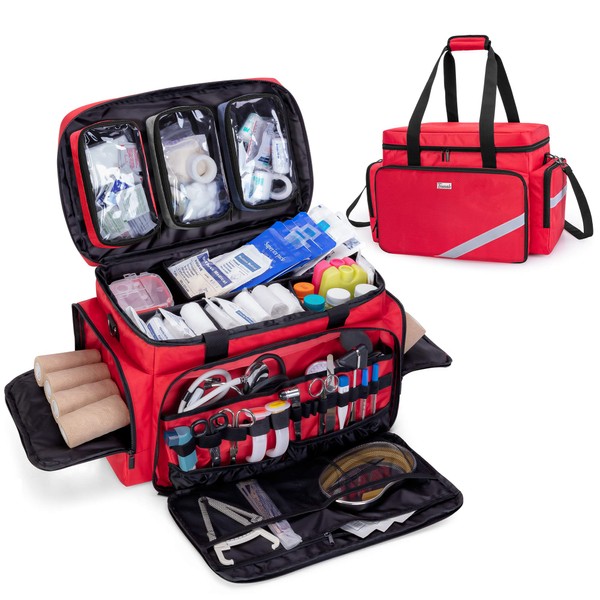 Trunab First Aid Bag Empty, Professional Medical Bag Emergency Responder Trauma Bag with Inner Dividers and Anti-Slip Bottom, Ideal for EMT, EMS, Paramedics, Red - Patented Design, Bag Only