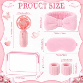 ZeahVeyora 6 Set Spa Party Favors Supplies for Girls Women Mini Handheld Fan Headband Wristband Sleep Mask Cosmetic Bag Sleepover Party Favors for Bachelorette Summer Gift (Pink)